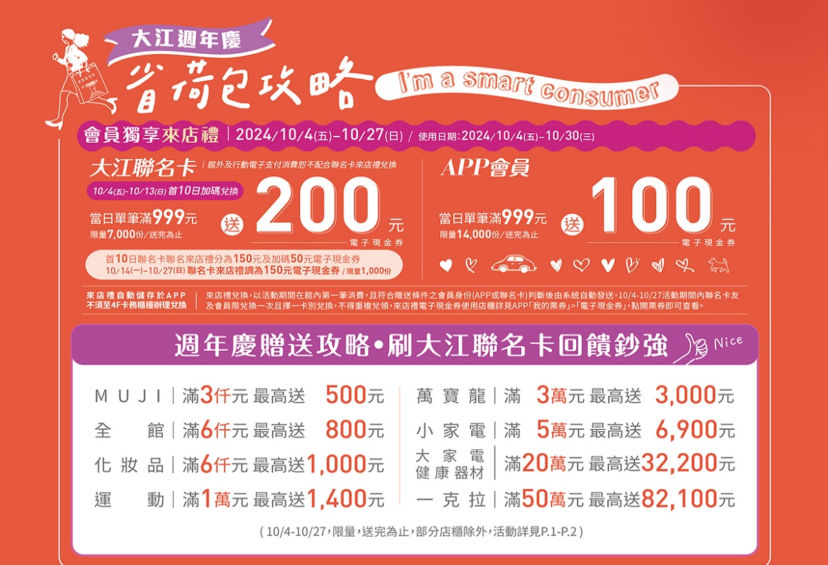 【桃園中壢生活】大江國際購物商城 2024：週年慶開跑！（10/4~27）好吃好玩好拍照，購物、飲食、電影、親子、逛街一站滿足，全年免費停車，新店新櫃及特賣會情報   